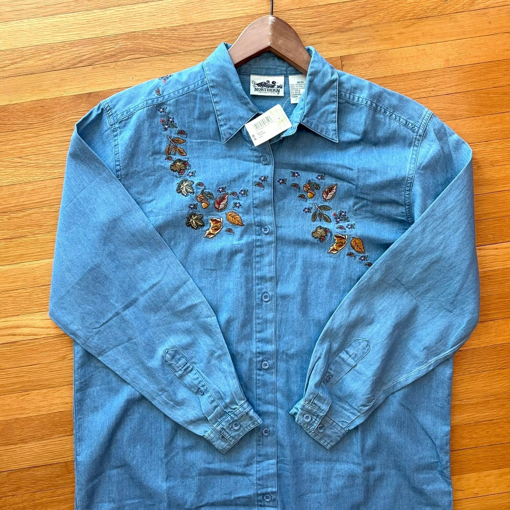 NEW Vintage Northern Reflections Denim Top Embroidered Leaves M Grandmacore 90s